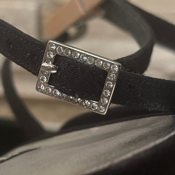 Stuart Weitzman 7 Black Satin Strappy Heels | Rhinestone Circle, Spain Y2K - Picture 10 of 13